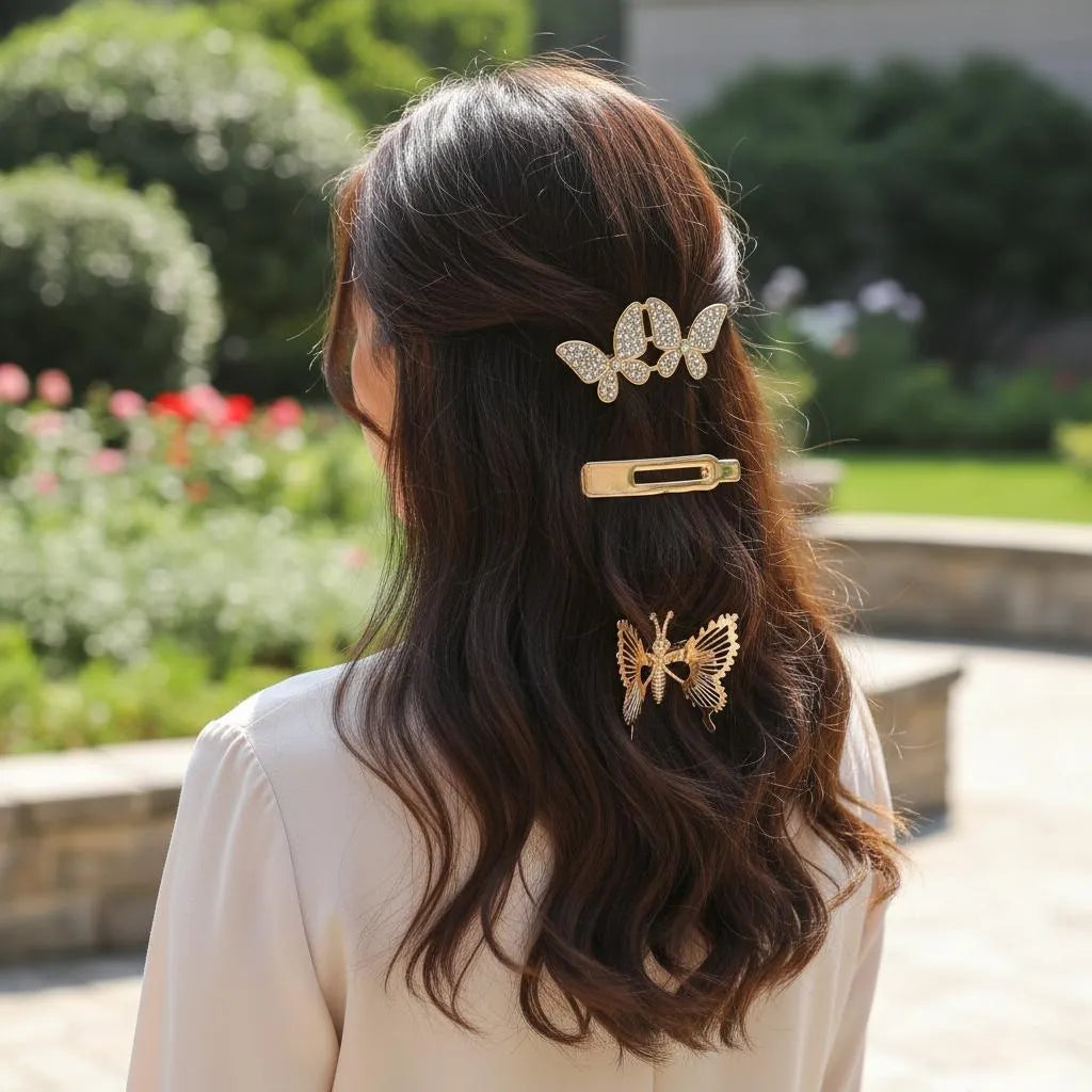 Golden Butterfly Hair Clips for Girls - Medium Length, Durable, Sparkling Design