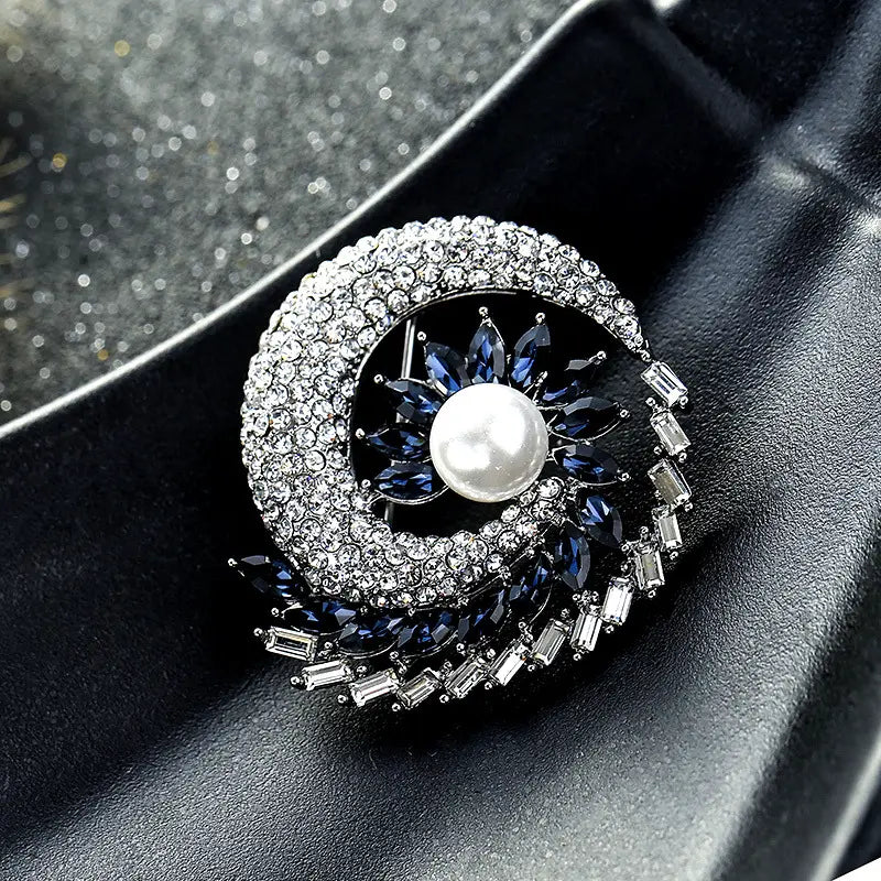 Elegant Pearl Blue Crystal Brooch for Women
