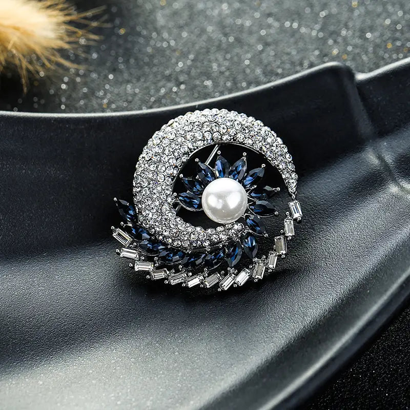Elegant Pearl Blue Crystal Brooch for Women