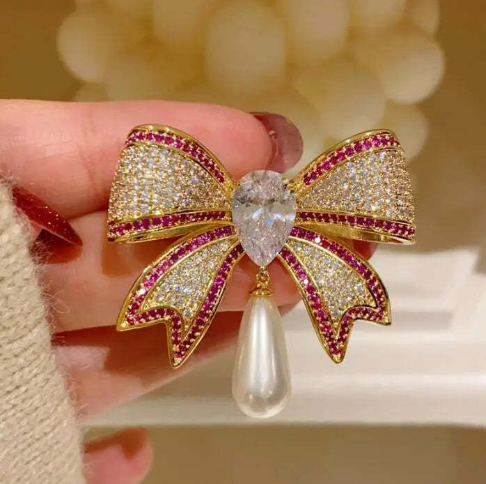 Gold Bow Brooch with Crystal & Pearl Accents