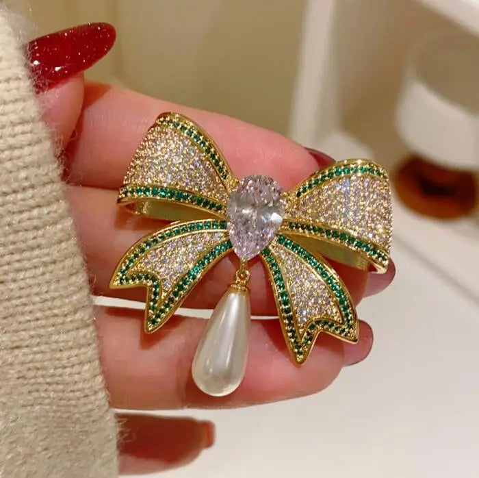 Gold Bow Brooch with Crystal & Pearl Accents