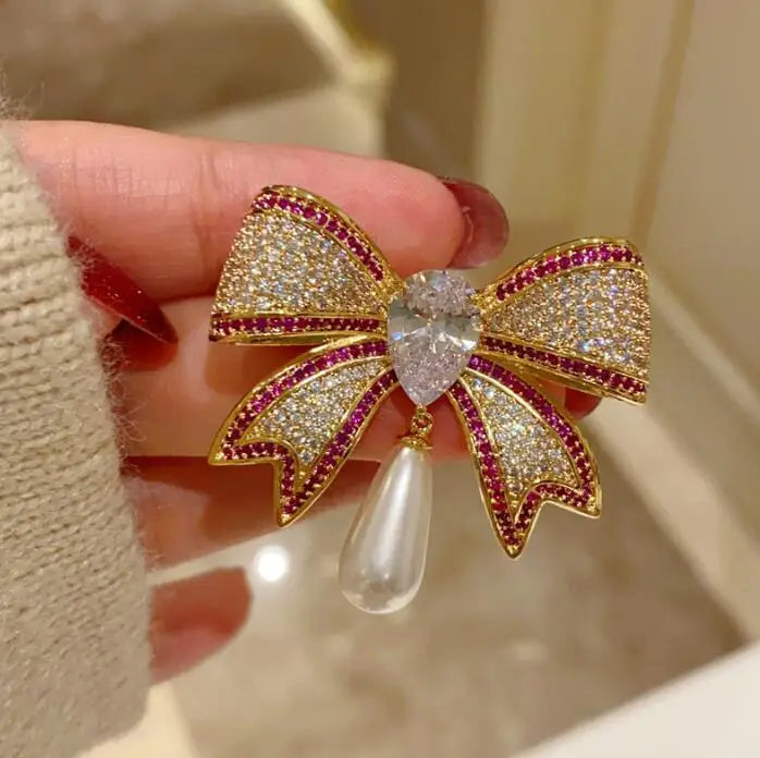 Gold Bow Brooch with Crystal & Pearl Accents