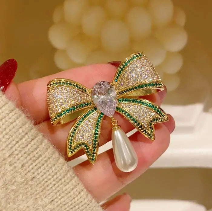 Gold Bow Brooch with Crystal & Pearl Accents