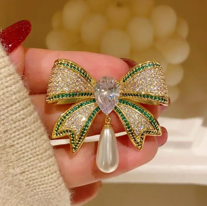 Gold Bow Brooch with Crystal & Pearl Accents