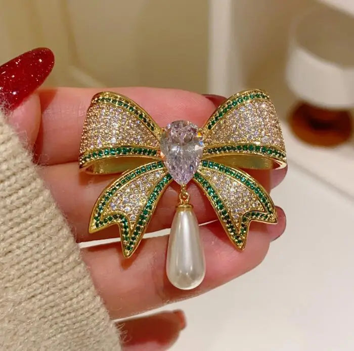 Gold Bow Brooch with Crystal & Pearl Accents