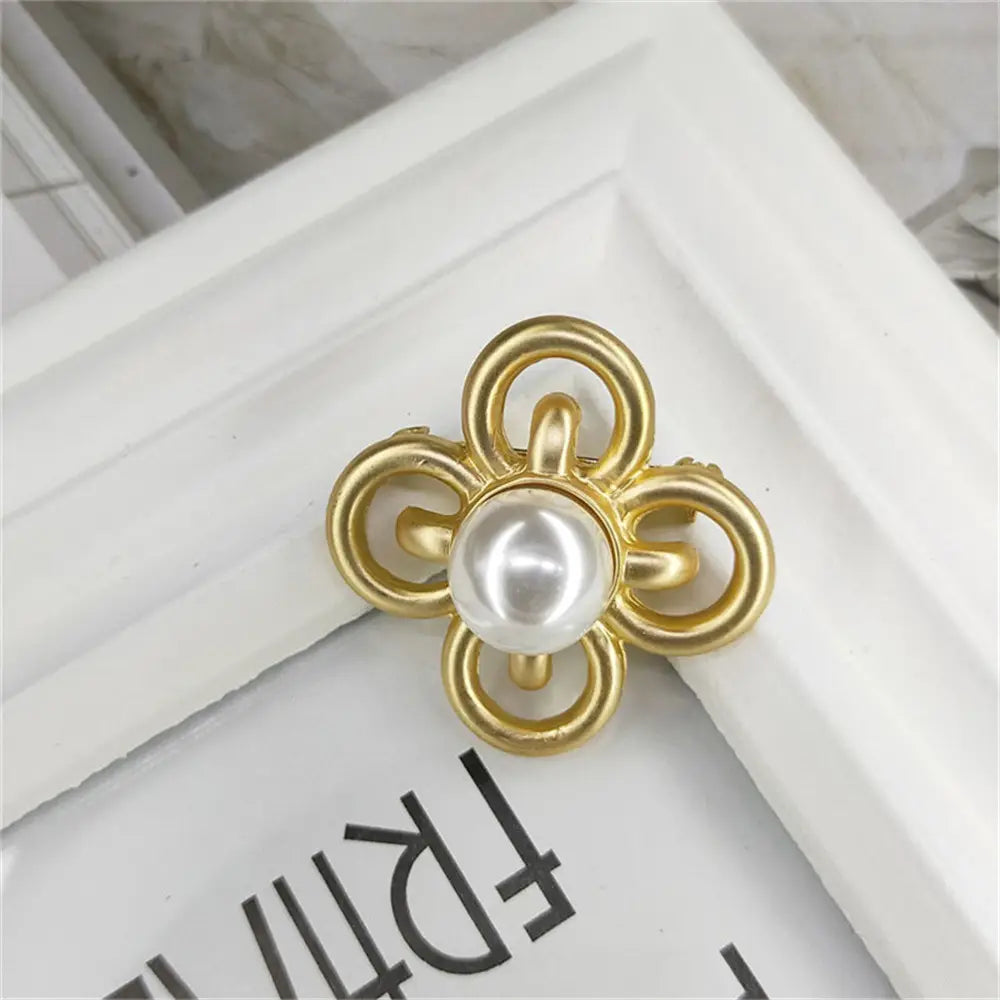 Matte Gold Four Leaf Clover Brooch with Pearl Centerpiece
