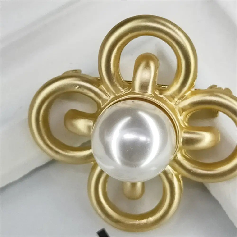 Matte Gold Four Leaf Clover Brooch with Pearl Centerpiece