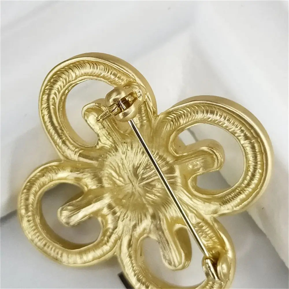 Matte Gold Four Leaf Clover Brooch with Pearl Centerpiece