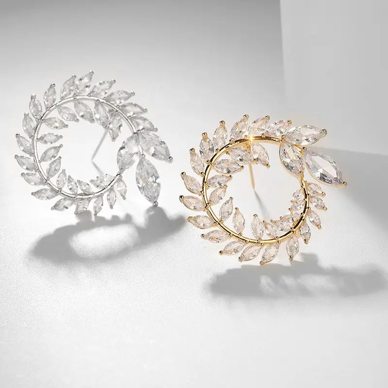 Leaf Brooch Earrings Silver Gold Zircon Sparkle