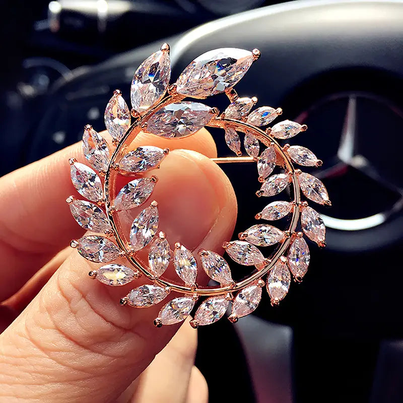 Leaf Brooch Earrings Silver Gold Zircon Sparkle