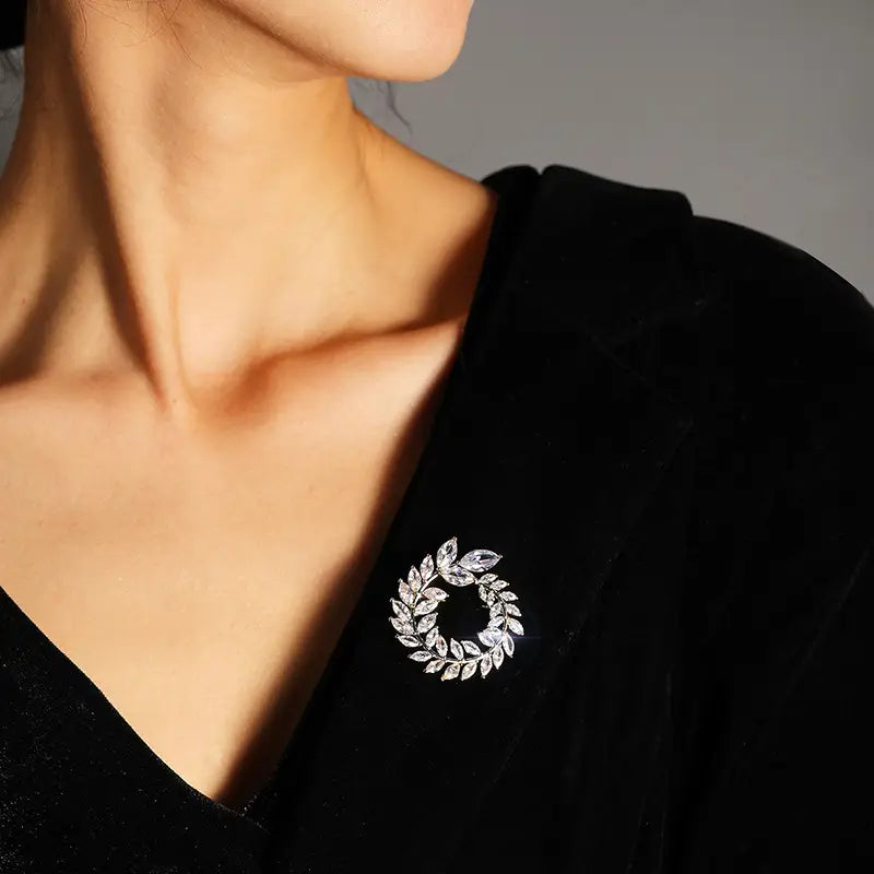 Leaf Brooch Earrings Silver Gold Zircon Sparkle