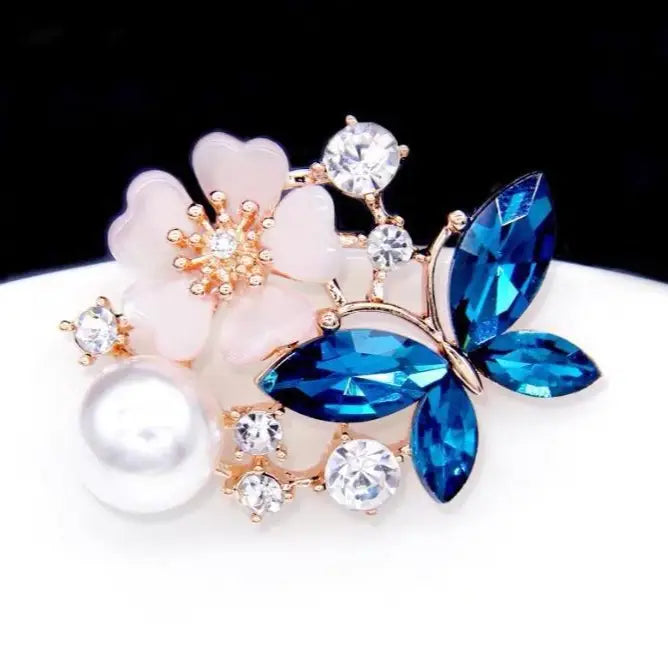Butterfly Brooch with Pearl & Red Crystal Wings