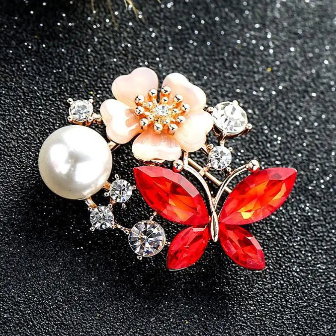 Butterfly Brooch with Pearl & Red Crystal Wings