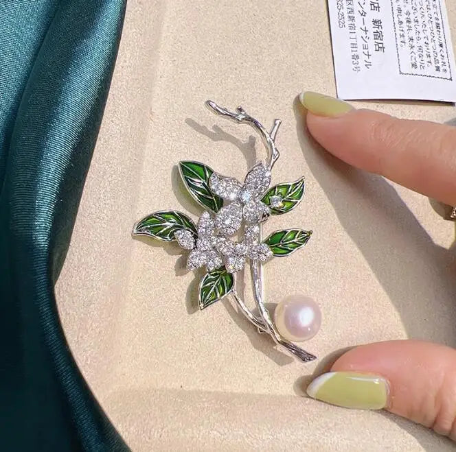 Green Leaf Pearl Brooch for Women Wedding Office