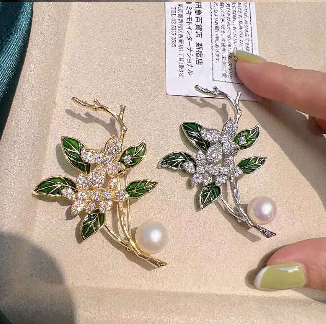 Green Leaf Pearl Brooch for Women Wedding Office