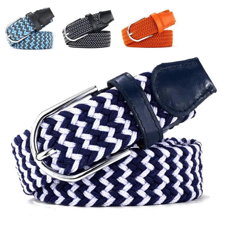 Elastic Woven Belt for Women Casual Navy White Zigzag