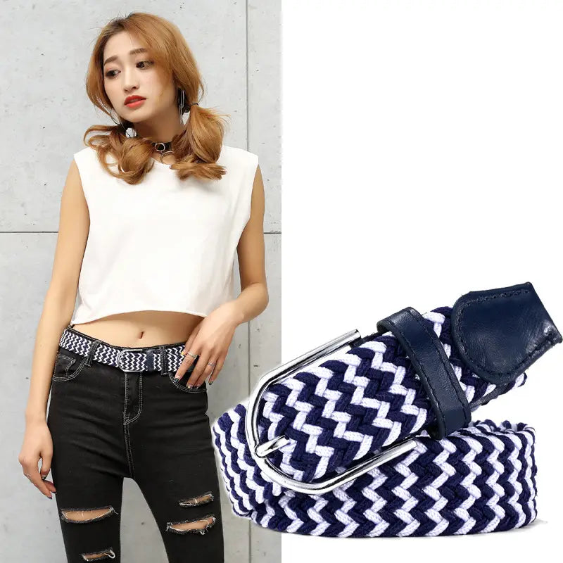 Elastic Woven Belt for Women Casual Navy White Zigzag
