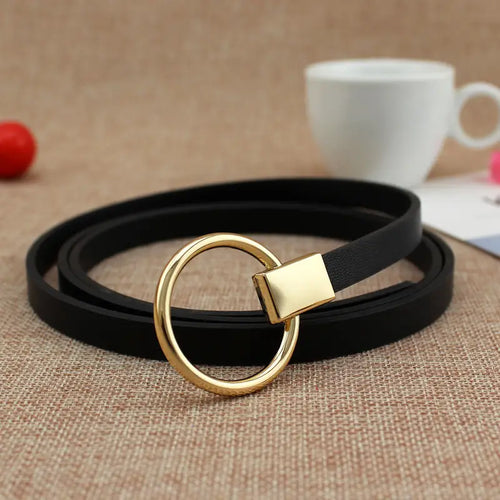Women Black Leather Belt with Gold Ring Buckle
