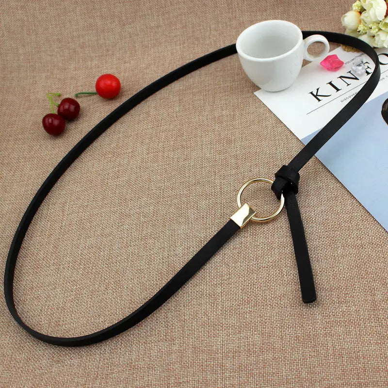 Women Black Leather Belt with Gold Ring Buckle