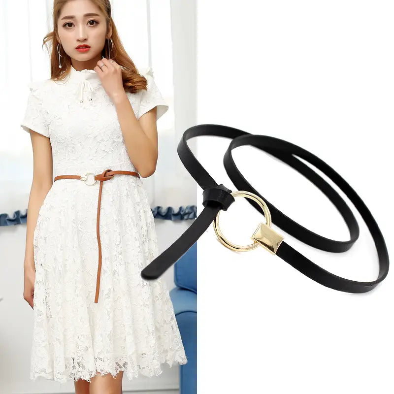Women Black Leather Belt with Gold Ring Buckle