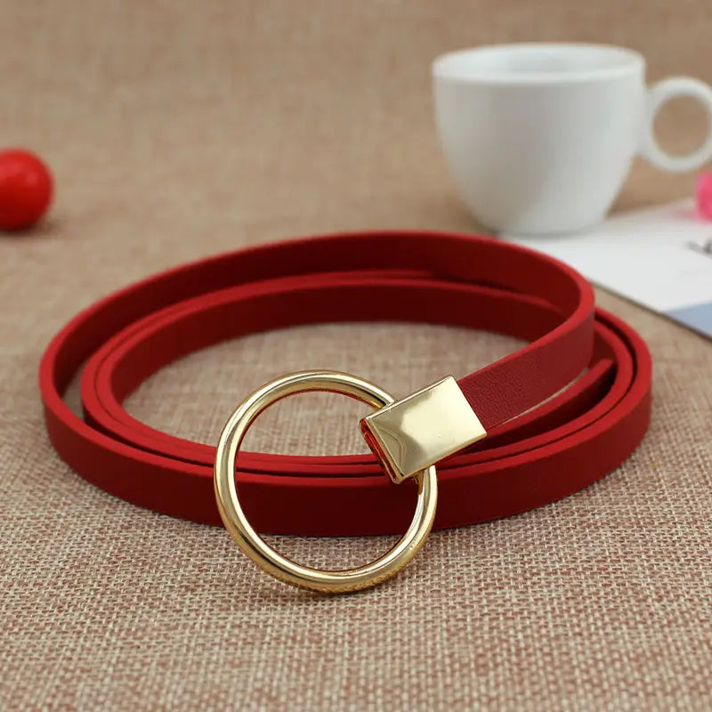 Women Black Leather Belt with Gold Ring Buckle