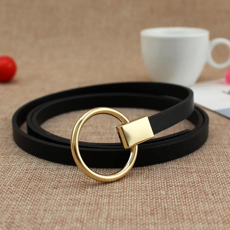 Women Black Leather Belt with Gold Ring Buckle