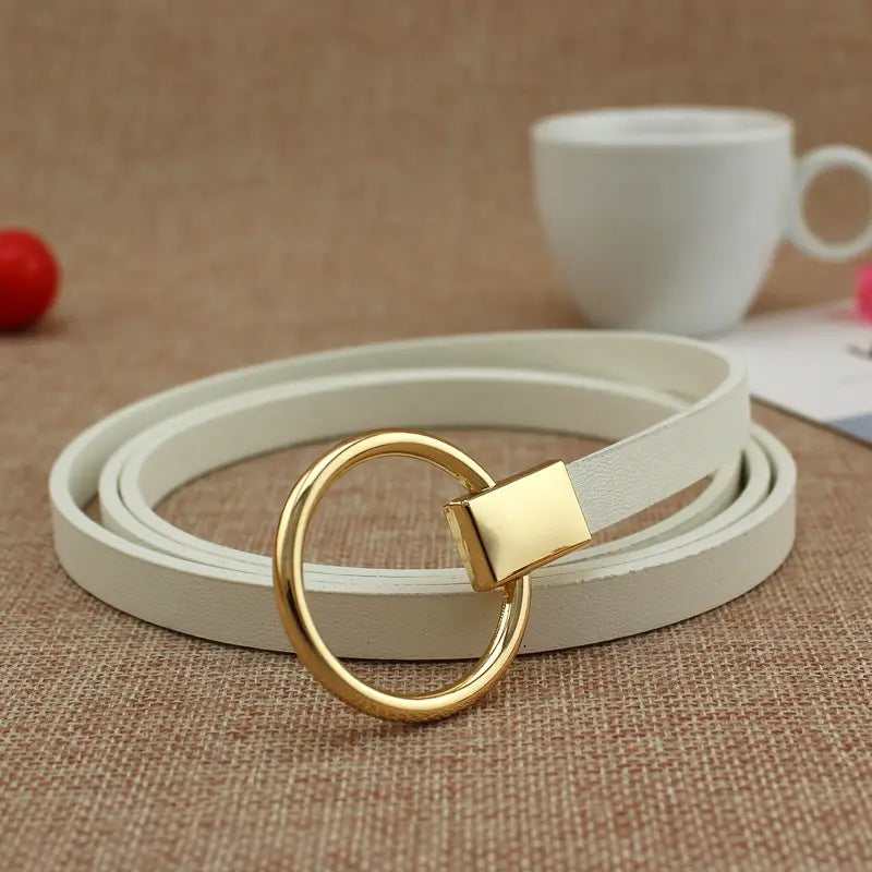 Women Black Leather Belt with Gold Ring Buckle