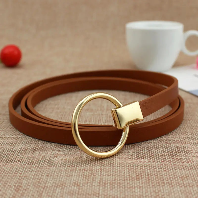 Women Black Leather Belt with Gold Ring Buckle