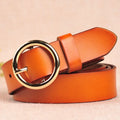 Women Retro Leather Belt with Gold Round Buckle