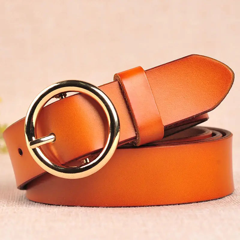 Women Retro Leather Belt with Gold Round Buckle