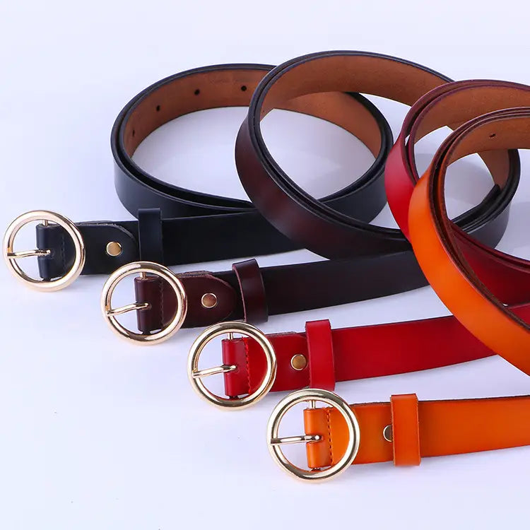 Women Retro Leather Belt with Gold Round Buckle