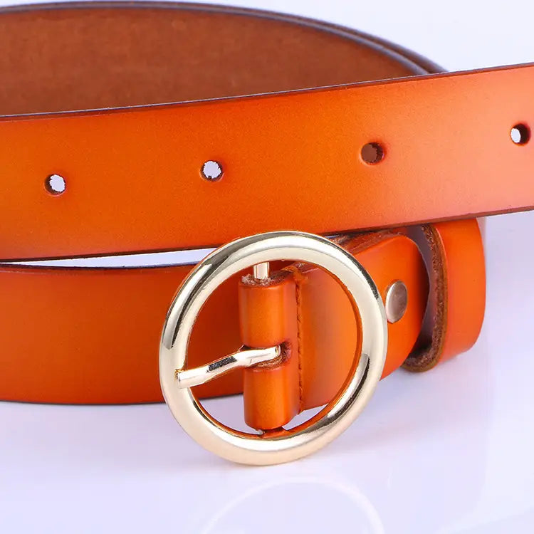 Women Retro Leather Belt with Gold Round Buckle