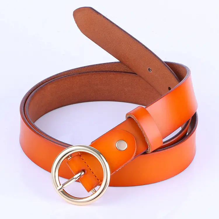 Women Retro Leather Belt with Gold Round Buckle