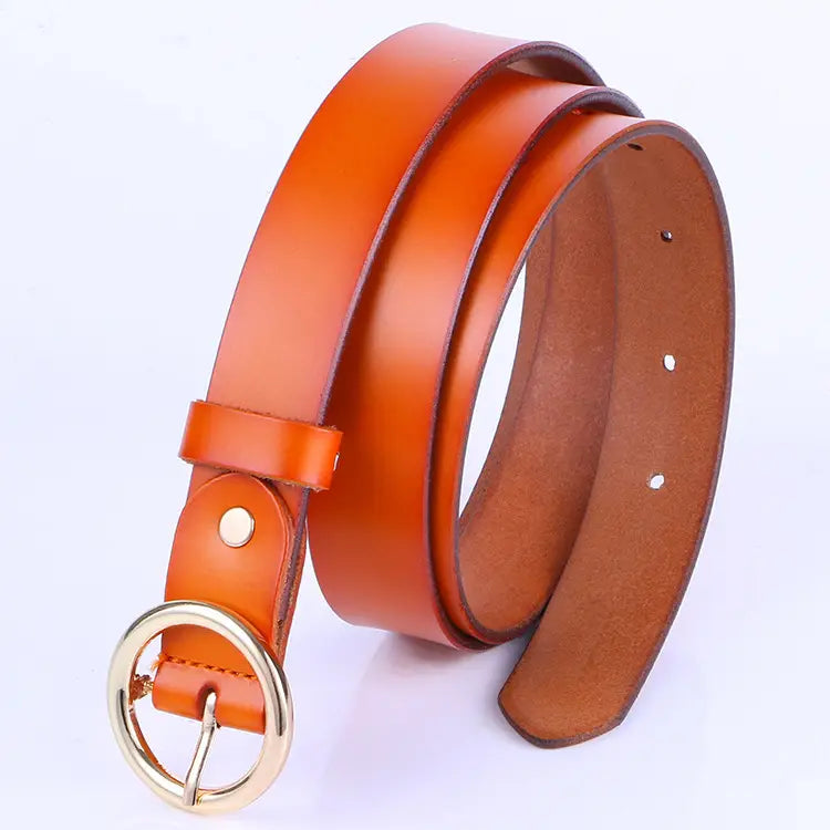 Women Retro Leather Belt with Gold Round Buckle