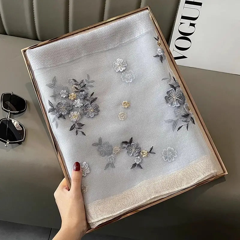Women Silk Scarf Floral Black Winter Luxury