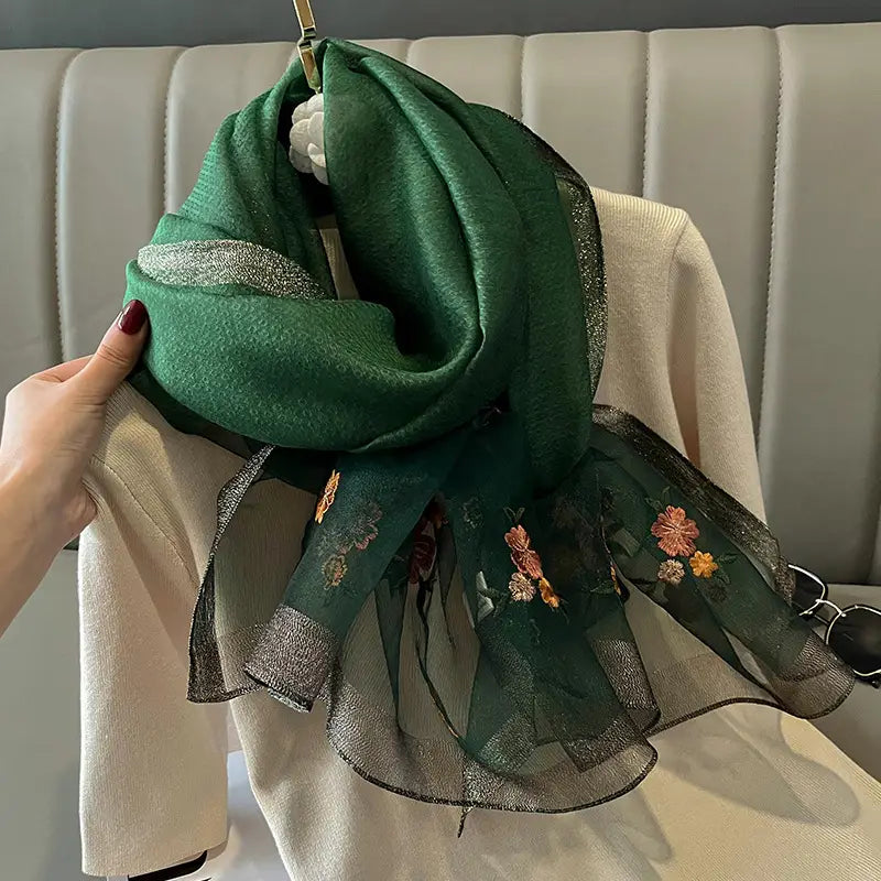 Women Silk Scarf Floral Black Winter Luxury