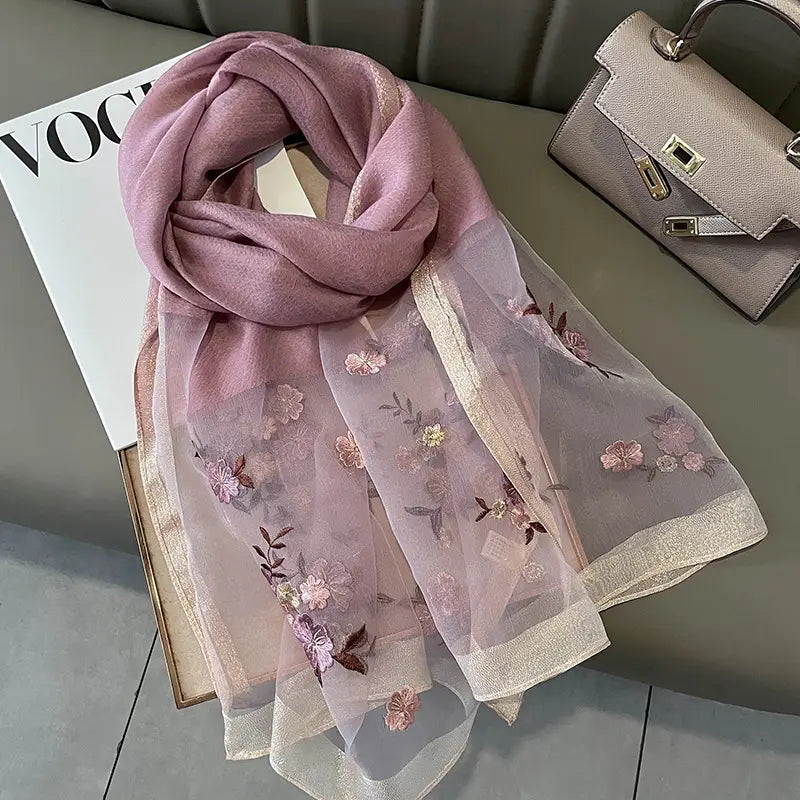 Women Silk Scarf Floral Black Winter Luxury