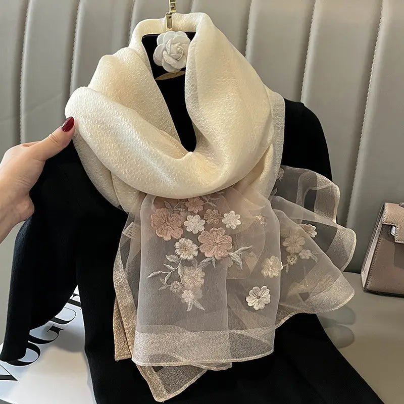 Women Silk Scarf Floral Black Winter Luxury