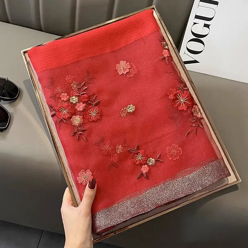 Women Silk Scarf Floral Embroidery Winter Luxury