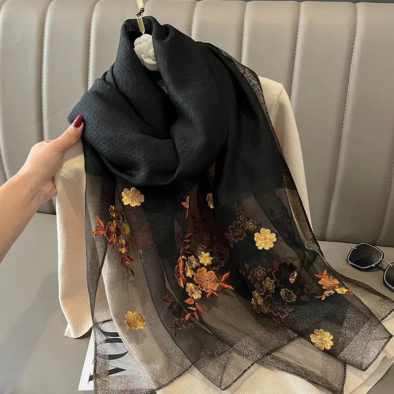 Women Silk Scarf Floral Embroidery Winter Luxury