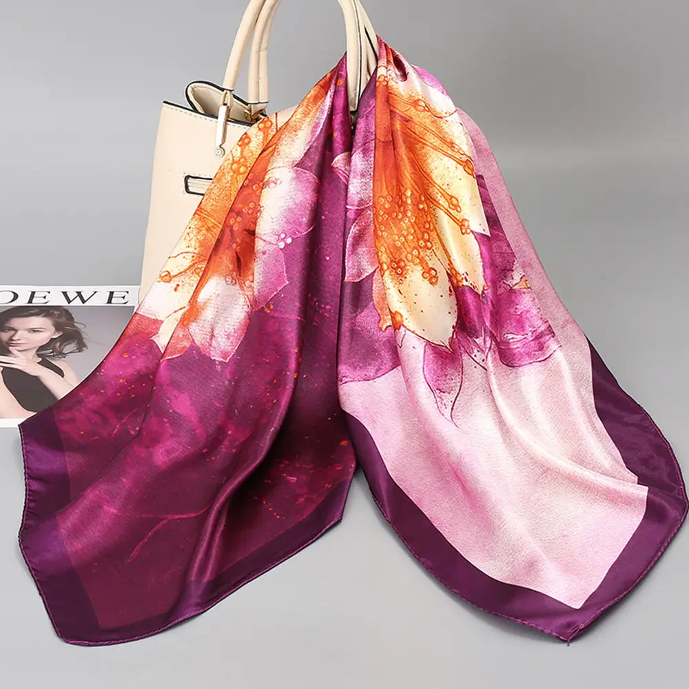 Women Silk Floral Scarf Autumn Pink Purple Square