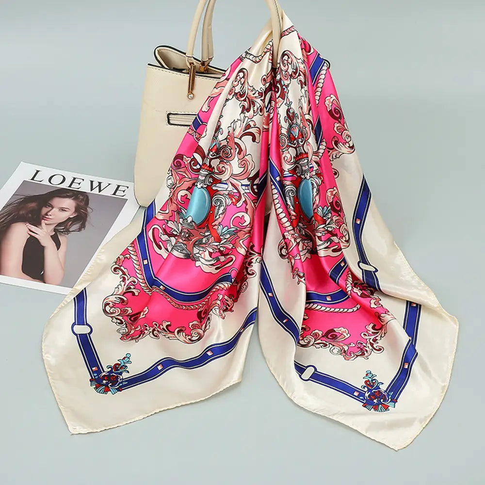 Women Silk Floral Scarf Autumn Pink Purple Square