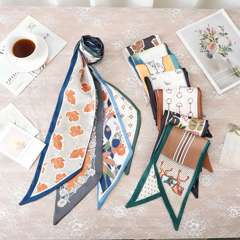 Retro Floral Silk Scarf Orange Blue Women's Fashion Accessory