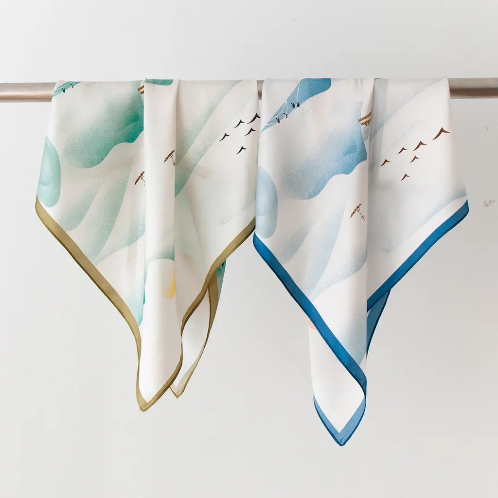 Women's Silk Scarf Blue Landscape 53x53cm