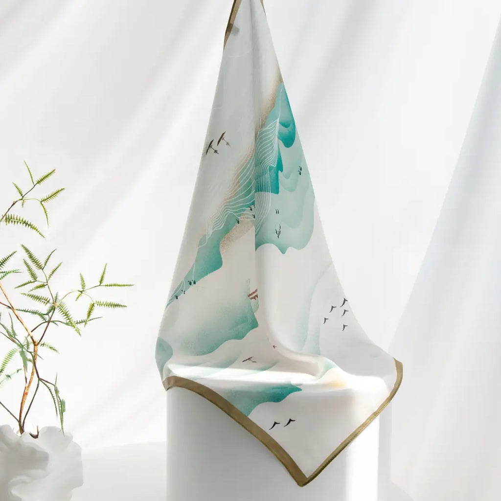 Women's Silk Scarf Blue Landscape 53x53cm