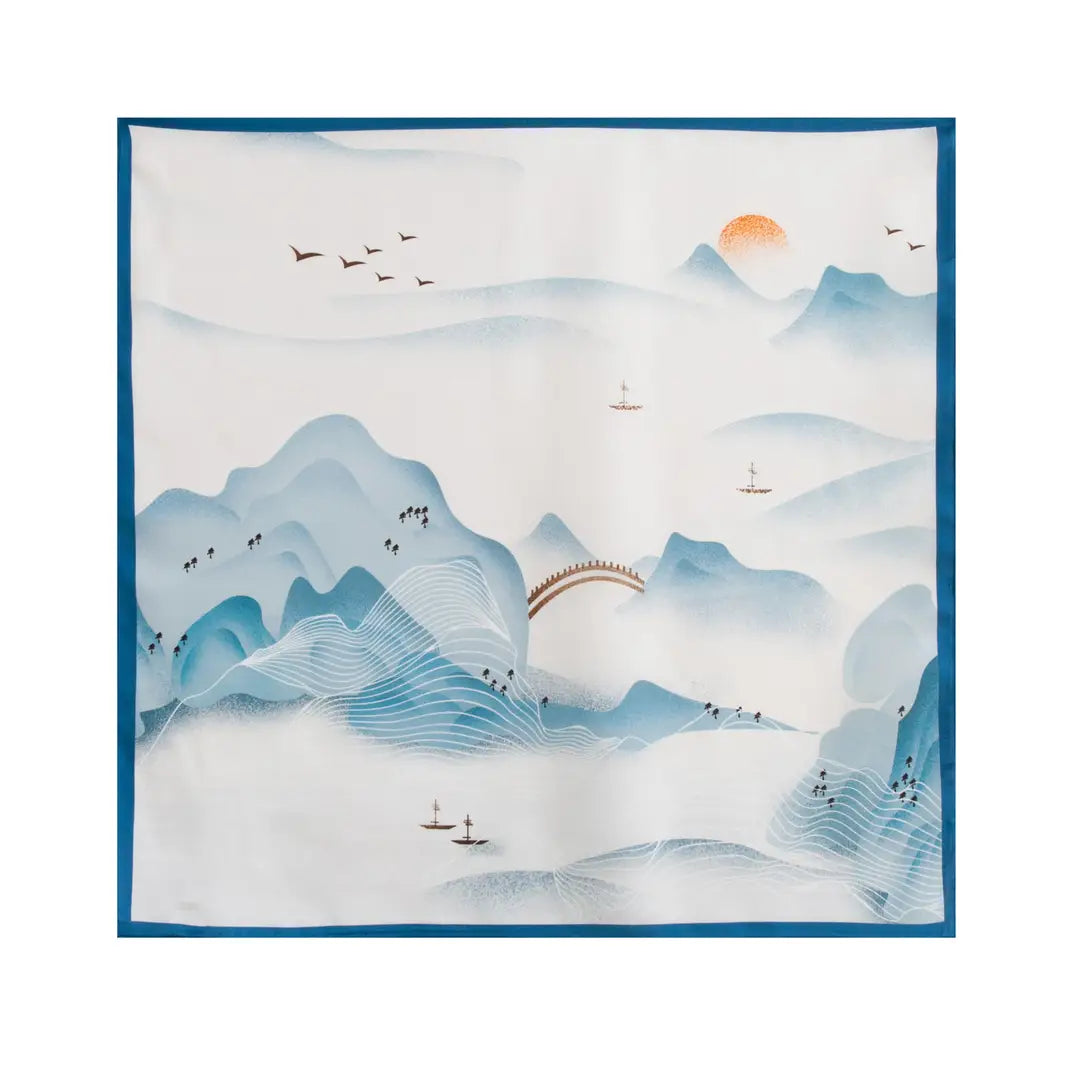 Women's Silk Scarf Blue Landscape 53x53cm