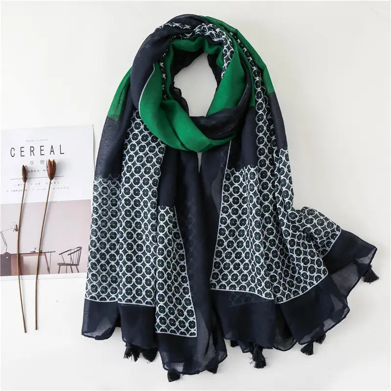 Women Silk Scarf Green Dot Tassel Elegant