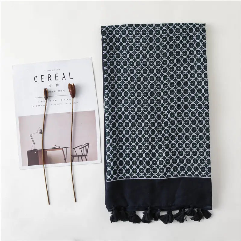 Women Silk Scarf Green Dot Tassel Elegant
