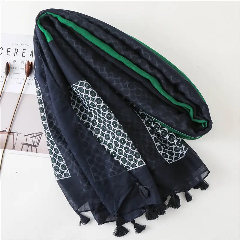 Women Silk Scarf Green Dot Tassel Elegant