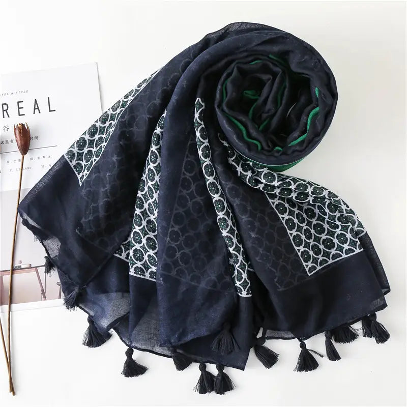 Women Silk Scarf Green Dot Tassel Elegant